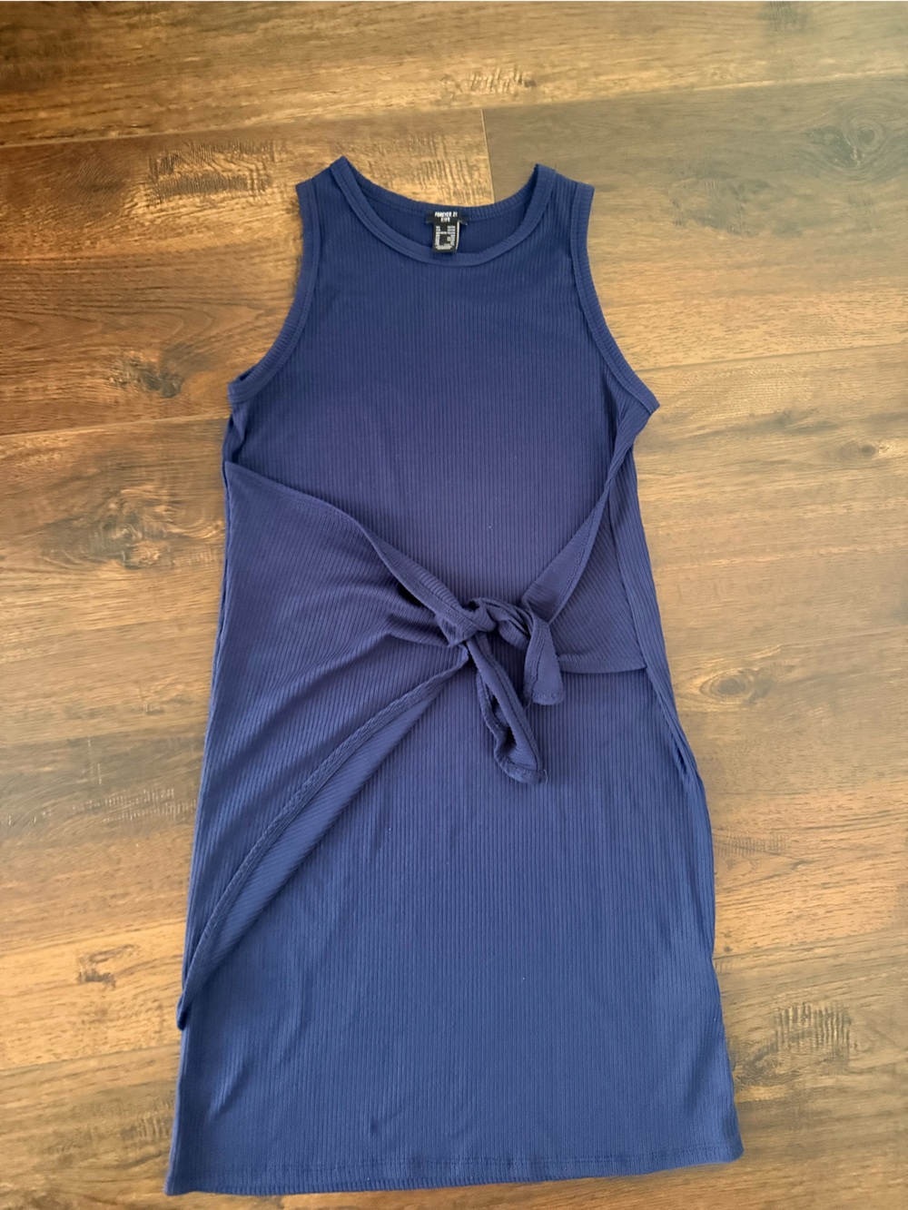 Navy Ribbed Dress With Wrap Front Knot